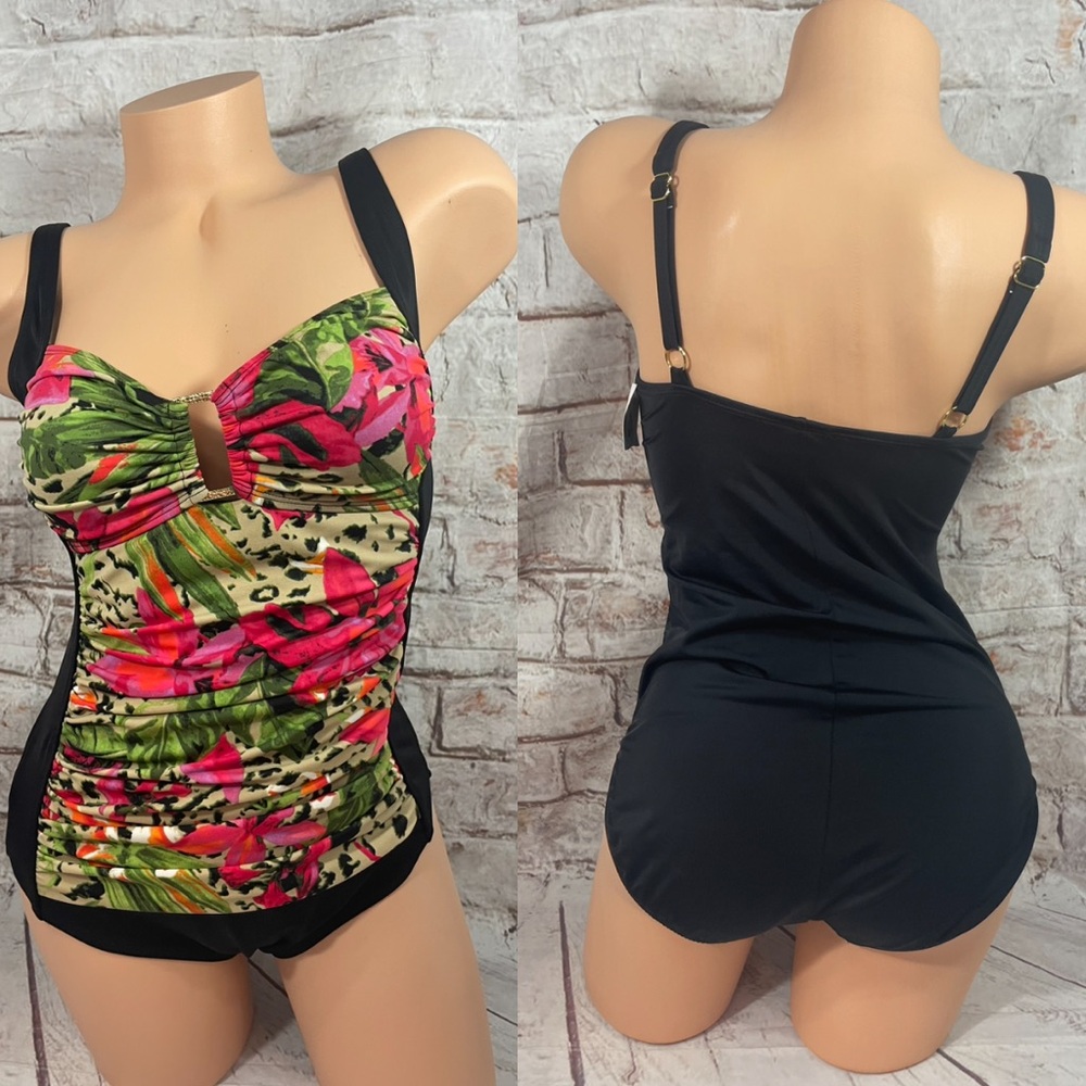 Jaclyn Smith Slimming Illusion Ruched Tropical Floral Black One Piece Swimsuit